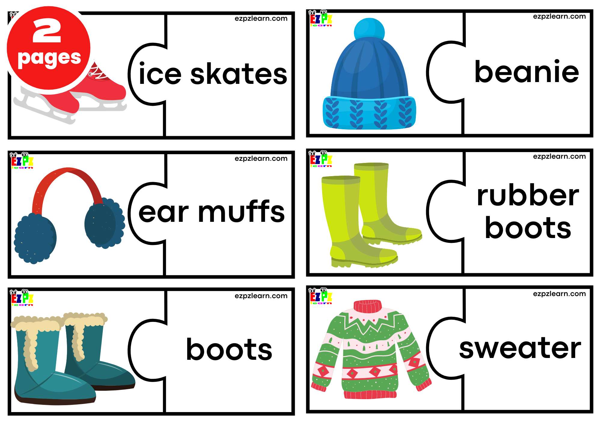 Clothes Puzzle Match Game. Large Size 6 Words per page. Free PDF